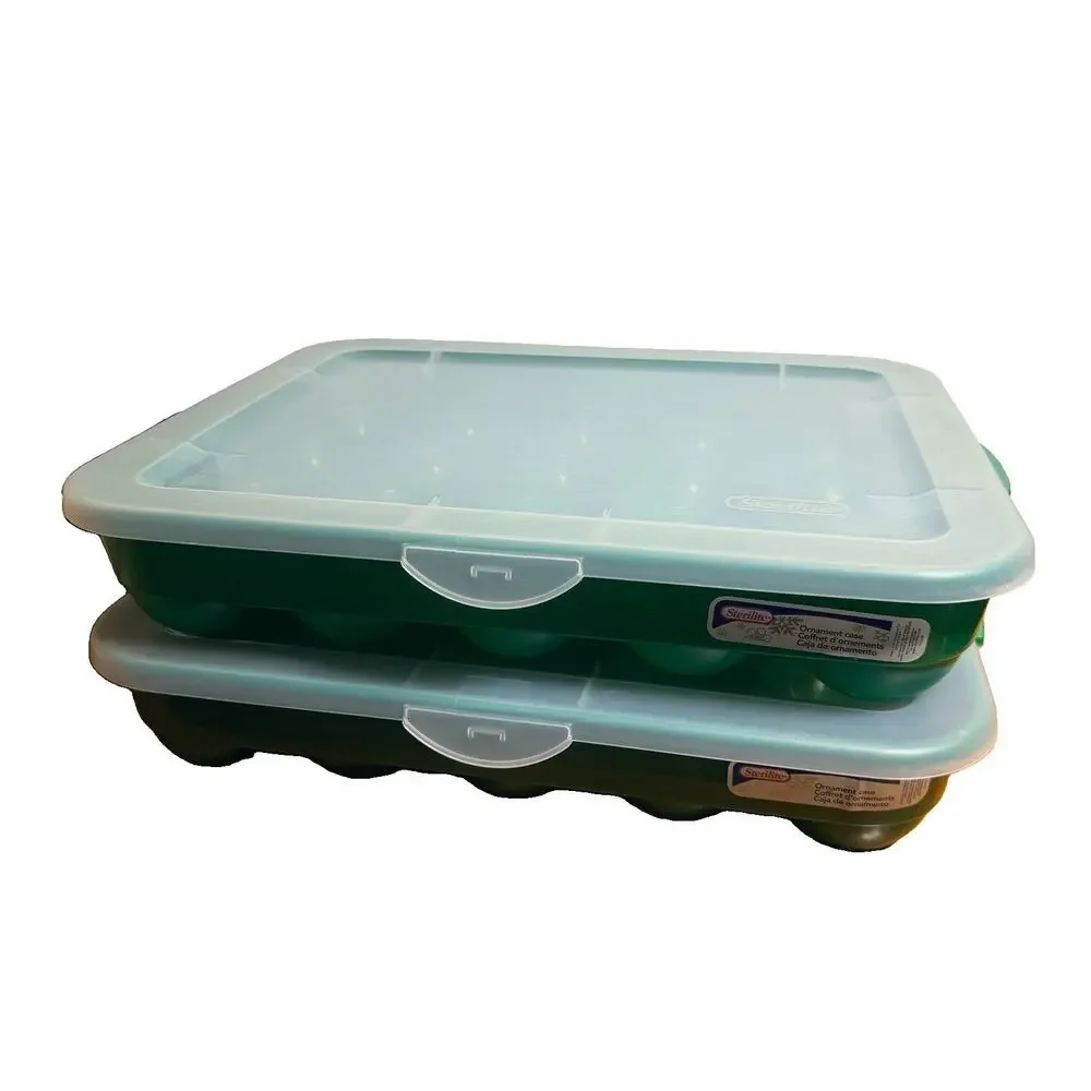 2 Green Sterilite Ornament Storage Box Case 20 Piece Hinged Lid Snap Closure 20